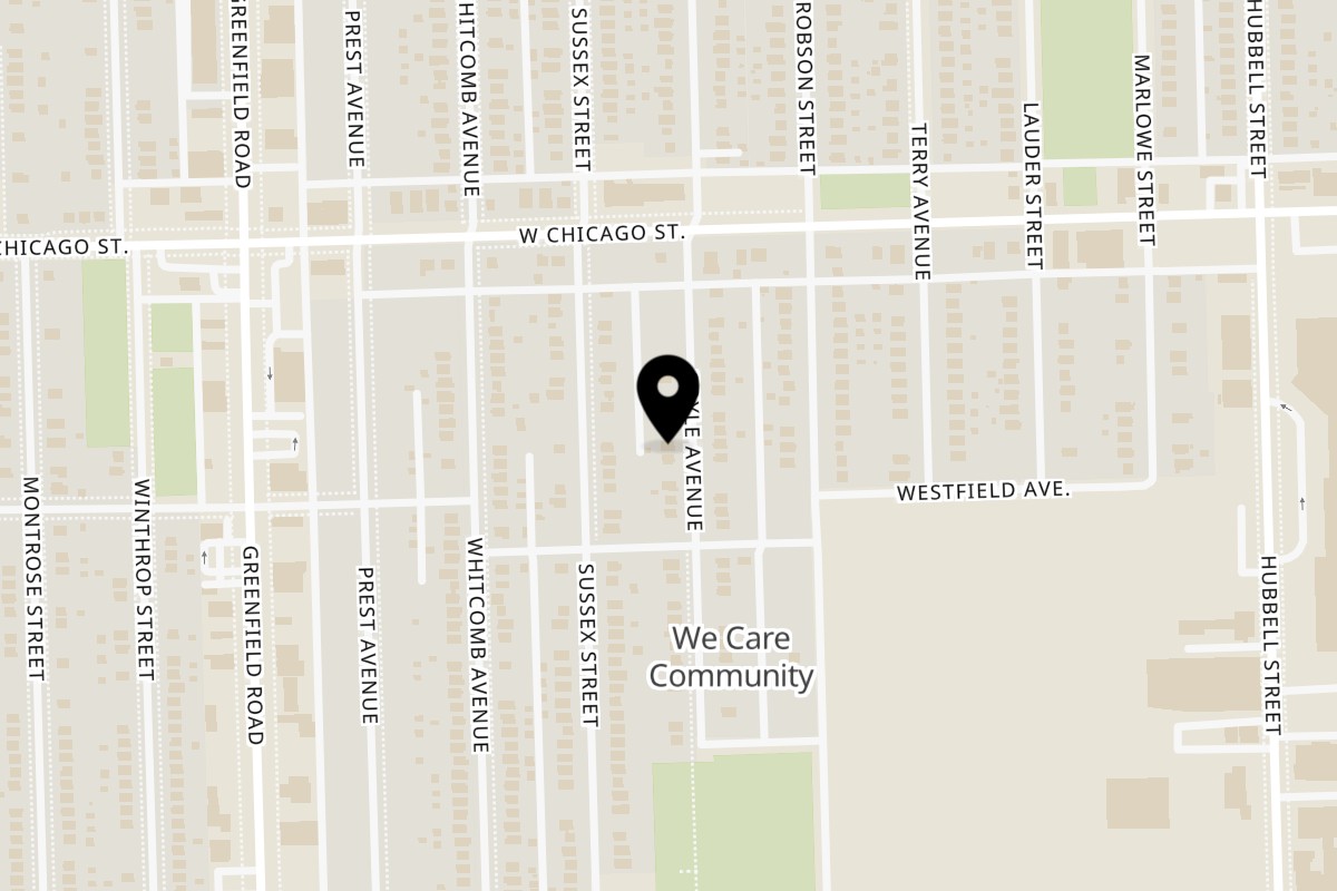 Map showing the location of Ari bakery and snack shop on 9345 Coyle St in Detroit